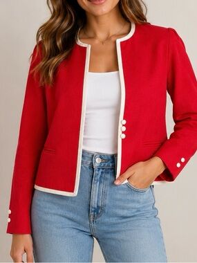Vintage David Benjamin Red Cropped Blazer Jacket White Trim Size 15/16